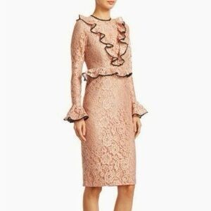 Alexis Pink Lace Dress with Ruffle Details and black trim